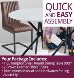 Hallowood Furniture Cullompton Small Round Marble Effect Dining Table 90Cm With 2 Brown Leather Effect Chairs - thumbnail 7