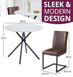 Hallowood Furniture Cullompton Small Round Marble Effect Dining Table 90Cm With 2 Brown Leather Effect Chairs - thumbnail 3