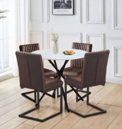Hallowood Furniture Cullompton Small Round Marble Effect Dining Table 90Cm With 2 Brown Leather Effect Chairs - thumbnail 1