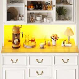 Abrihome Tall Kitchen Cabinet With Usb Ports And Sockets, Sideboard With Led Light Strip, Storage Cabinet With Snack Shelf Doors, White - thumbnail 7