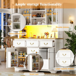 Abrihome Tall Kitchen Cabinet With Usb Ports And Sockets, Sideboard With Led Light Strip, Storage Cabinet With Snack Shelf Doors, White - thumbnail 5