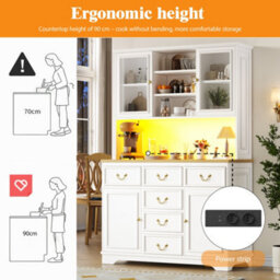 Abrihome Tall Kitchen Cabinet With Usb Ports And Sockets, Sideboard With Led Light Strip, Storage Cabinet With Snack Shelf Doors, White - thumbnail 3