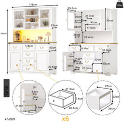 Abrihome Tall Kitchen Cabinet With Usb Ports And Sockets, Sideboard With Led Light Strip, Storage Cabinet With Snack Shelf Doors, White - thumbnail 6