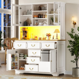 Abrihome Tall Kitchen Cabinet With Usb Ports And Sockets, Sideboard With Led Light Strip, Storage Cabinet With Snack Shelf Doors, White