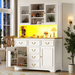 Abrihome Tall Kitchen Cabinet With Usb Ports And Sockets, Sideboard With Led Light Strip, Storage Cabinet With Snack Shelf Doors, White - thumbnail 2
