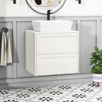 Royal Bathrooms Royal Bathroom Elmore 600mm Classic White Wall Mounted Bathroom Vanity Unit 2 Drawer Plain White Worktop With Cube Basin - image 1