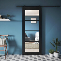 Fortia Clear Fully Glazed Industrial Black Softwood Pine Veneer Internal Sliding Door, (H)2040mm (W)826mm