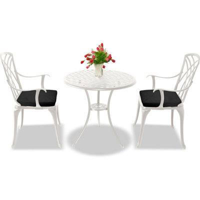 Homeology Oshowa White Aluminium Weatherproof Outdoor Table And 2 Comfortable Chairs Bistro Set With Black Cushions - image 1