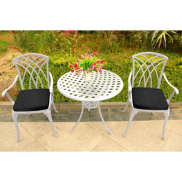 Homeology Oshowa White Aluminium Weatherproof Outdoor Table And 2 Comfortable Chairs Bistro Set With Black Cushions - thumbnail 4