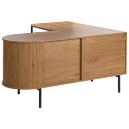 Wyld And Coco L-Shaped Corner Office Desk 140X140 Cm, Light Brown Mdf With Black Iron Frame, Sliding Door And 3 Shelves - thumbnail 7