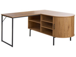 Wyld And Coco L-Shaped Corner Office Desk 140X140 Cm, Light Brown Mdf With Black Iron Frame, Sliding Door And 3 Shelves - thumbnail 3