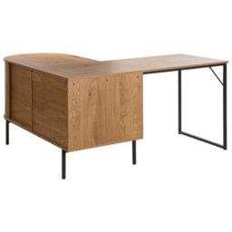 Wyld And Coco L-Shaped Corner Office Desk 140X140 Cm, Light Brown Mdf With Black Iron Frame, Sliding Door And 3 Shelves - thumbnail 6