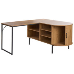 Wyld And Coco L-Shaped Corner Office Desk 140X140 Cm, Light Brown Mdf With Black Iron Frame, Sliding Door And 3 Shelves - thumbnail 5