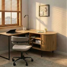 Wyld And Coco L-Shaped Corner Office Desk 140X140 Cm, Light Brown Mdf With Black Iron Frame, Sliding Door And 3 Shelves - thumbnail 2