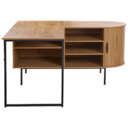Wyld And Coco L-Shaped Corner Office Desk 140X140 Cm, Light Brown Mdf With Black Iron Frame, Sliding Door And 3 Shelves - thumbnail 1