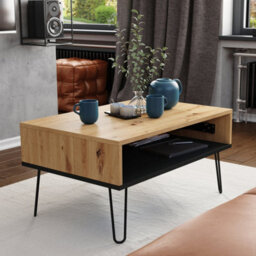 Heze Furniture Hairpin S-90 Modern Lift Top Coffee Table - Artisan Oak & Black - thumbnail 2