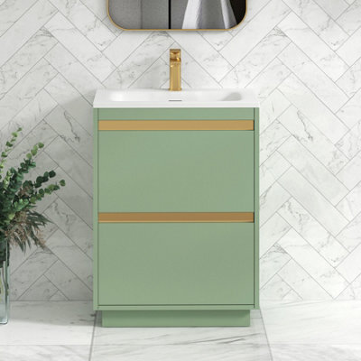 Royal Bathrooms Orion 600mm Mint Sage 2 Drawer Floor Standing Vanity Unit With Stone Basin & Brushed Brass Strip - image 1