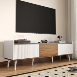 Btm Tv Cabinet Tv Stand Three Door Base Cabinet Compact Design White And Natural Wood 160X39X49.5Cm