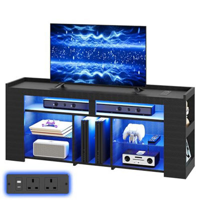 Ironck 140 Cm Led Tv Stand For 55 / 65 Inch Tv, Carbon Fiber Tv Unit With Power Outlet, Media Entertainment Center Ps 4 / Xbox
