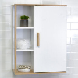 Showerdrape Cassino Matt White & Bamboo Wall Bathroom Cabinet With Display Shelves