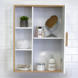 Showerdrape Cassino Matt White & Bamboo Wall Bathroom Cabinet With Display Shelves - thumbnail 4