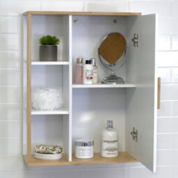 Showerdrape Cassino Matt White & Bamboo Wall Bathroom Cabinet With Display Shelves - thumbnail 3