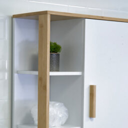 Showerdrape Cassino Matt White & Bamboo Wall Bathroom Cabinet With Display Shelves - thumbnail 6