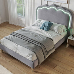 Abrihome 3Ft Single Upholstered Bed With Led Headboard (90X190Cm), Adjustable Height Bed Frame With Wooden Slats, Grey, Linen - thumbnail 9