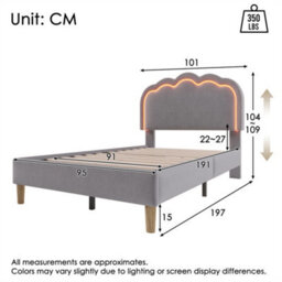 Abrihome 3Ft Single Upholstered Bed With Led Headboard (90X190Cm), Adjustable Height Bed Frame With Wooden Slats, Grey, Linen - thumbnail 5