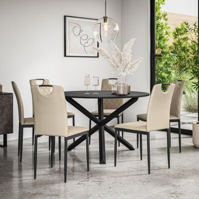 More4Homes Malvern Round Dining Table And Chairs -  Black Table Top W Solid Oak Black Legs + Monza Faux Leather Dining Chair Set Of 6 (Beige)
