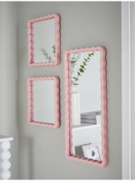 Deenz Set Of 3 Soft Pink Hue Scalloped Frame Wall Mirror Plastic Slim Rectangular & Square Wavy Pattern 39.5 X 19.5 X 1.5 Cm