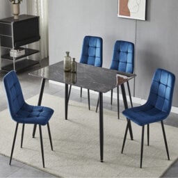 Urbn-Living Urbnliving 5Pcs Crimea Shinny Modern Ceramic Top Dining Table & Blue Plush Velvet Chairs With Metal Legs