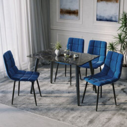 Urbn-Living Urbnliving 5Pcs Crimea Shinny Modern Ceramic Top Dining Table & Blue Plush Velvet Chairs With Metal Legs - thumbnail 2
