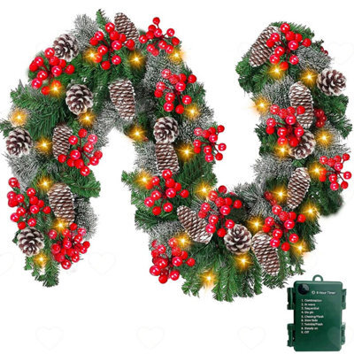 Amorly 2.7M Artificial Green Rattan Christmas Garland, 50 Led Lights With Pinecones Red Berries, Battery Powered Festive Ornament - image 1