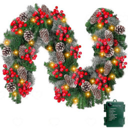 Amorly 2.7M Artificial Green Rattan Christmas Garland, 50 Led Lights With Pinecones Red Berries, Battery Powered Festive Ornament - thumbnail 1