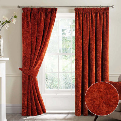 "Home Curtains Camden Luxury Crushed Chenille Lined Blackout 45W X 72D"" (114X183Cm) Terracotta Pencil Pleat Curtains (Pair)"