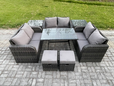 Fimous Outdoor Rattan Garden Furniture Set 8 Seater Patio Love Sofa Set With Dining Table 2 Small Footstools 2 Side Tables - image 1