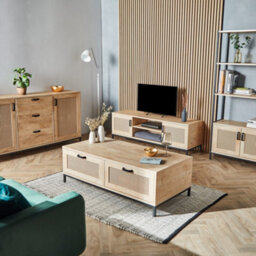 "Vonhaus Tv Stand, Rattan Effect Tv Unit For Living Room, Scandi Style Light Wood Effect Tv Cabinet For Up To 60"", Lena" - thumbnail 8