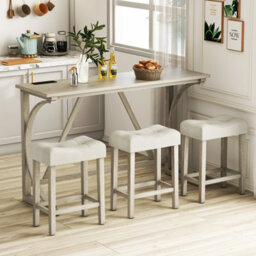 Costway 4-Piece Bar Table Set Counter Height Bistro Table And Saddle Seat Stools Grey