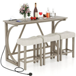 Costway 4-Piece Bar Table Set Counter Height Bistro Table And Saddle Seat Stools Grey - thumbnail 2