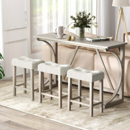 Costway 4-Piece Bar Table Set Counter Height Bistro Table And Saddle Seat Stools Grey - thumbnail 4