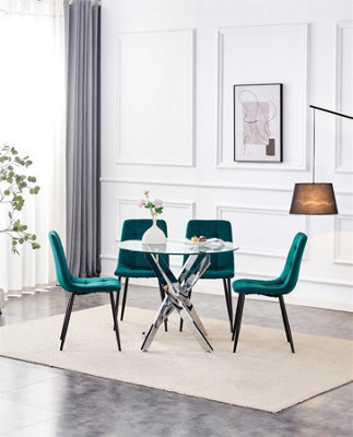Kosy Koala Modern Round Glass Dining Table Set With 4 Green Velvet Chairs Dining Room Furniture - image 1