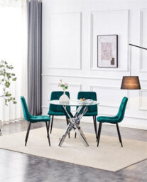 Kosy Koala Modern Round Glass Dining Table Set With 4 Green Velvet Chairs Dining Room Furniture