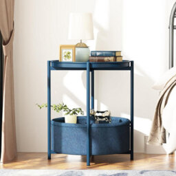 Huhote Stylish Round Side Table With 2 Tiers And Fabric Basket In Blue - thumbnail 3
