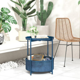 Huhote Stylish Round Side Table With 2 Tiers And Fabric Basket In Blue - thumbnail 7