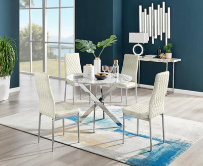 Furniturebox Uk Novara White Marble Round Dining Table & 4 Cream Velvet Milan Chairs - image 1