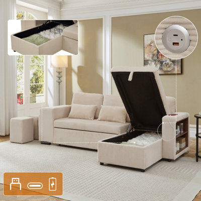 Btm Ltoshaped 3Tointo1 Convertible Sofa Bed With Storage Chaise, Charging Station, Corduroy, Beige - image 1