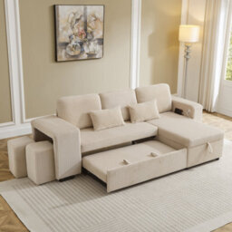 Btm Ltoshaped 3Tointo1 Convertible Sofa Bed With Storage Chaise, Charging Station, Corduroy, Beige - thumbnail 3