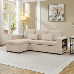 Btm Ltoshaped 3Tointo1 Convertible Sofa Bed With Storage Chaise, Charging Station, Corduroy, Beige - thumbnail 2