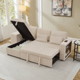 Btm Ltoshaped 3Tointo1 Convertible Sofa Bed With Storage Chaise, Charging Station, Corduroy, Beige - thumbnail 7